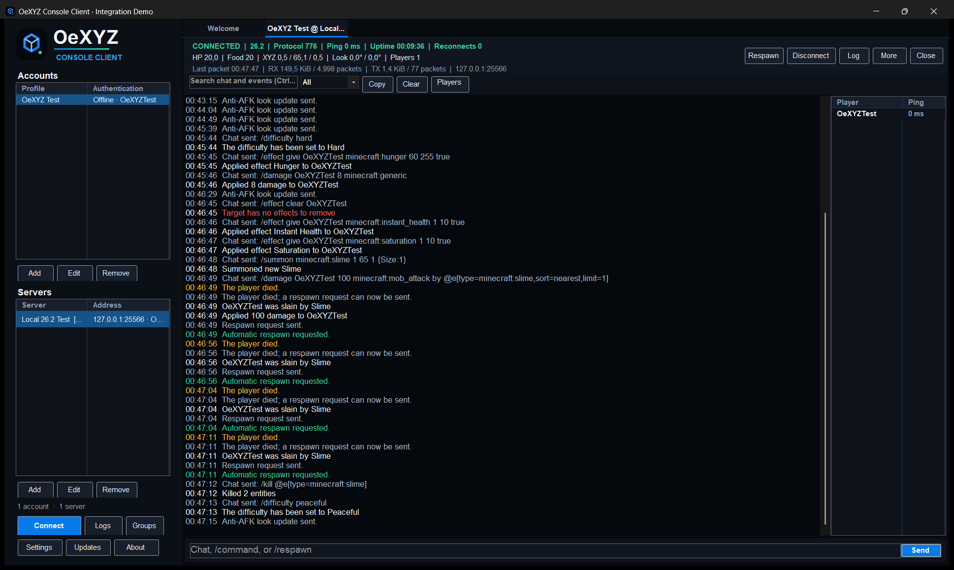 Live-Dashboard des OeXYZ Minecraft Console Client v1.2 mit lokaler Offline-Testsitzung