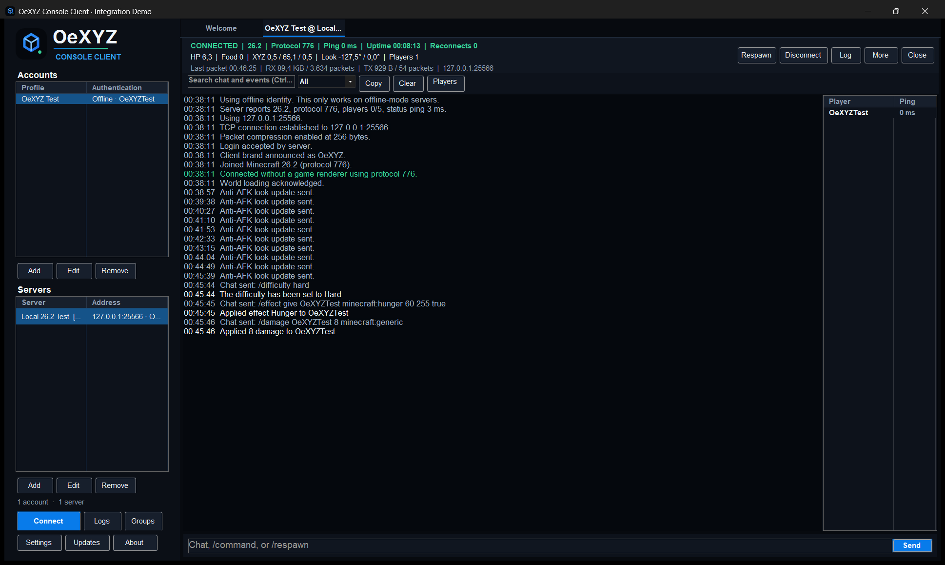 OeXYZ Minecraft Console Client v1.2 mit Gesundheits- und Hungerstatus