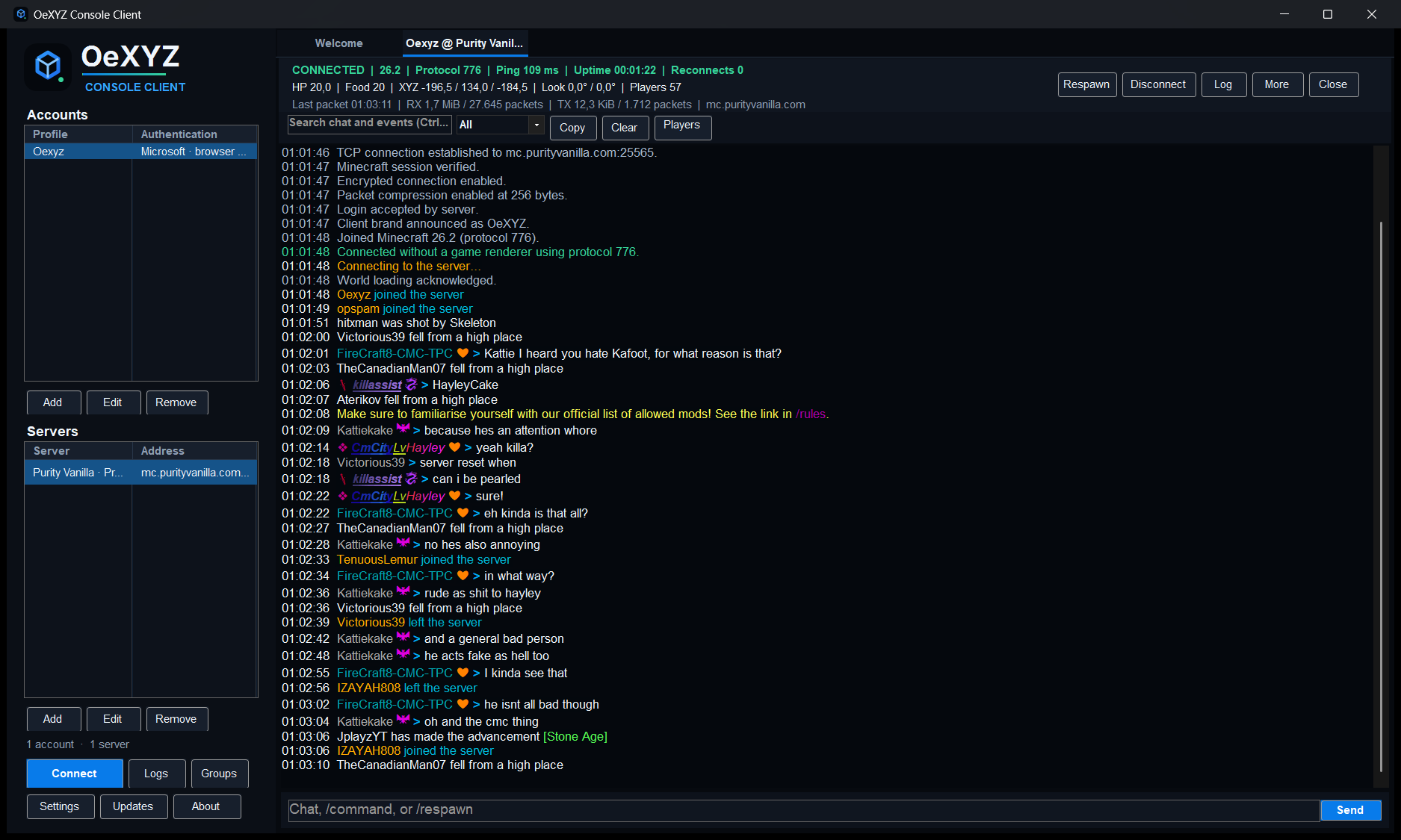 OeXYZ Minecraft Console Client v1.2 mit öffentlicher Premium-Sitzung, Chat und Live-Status
