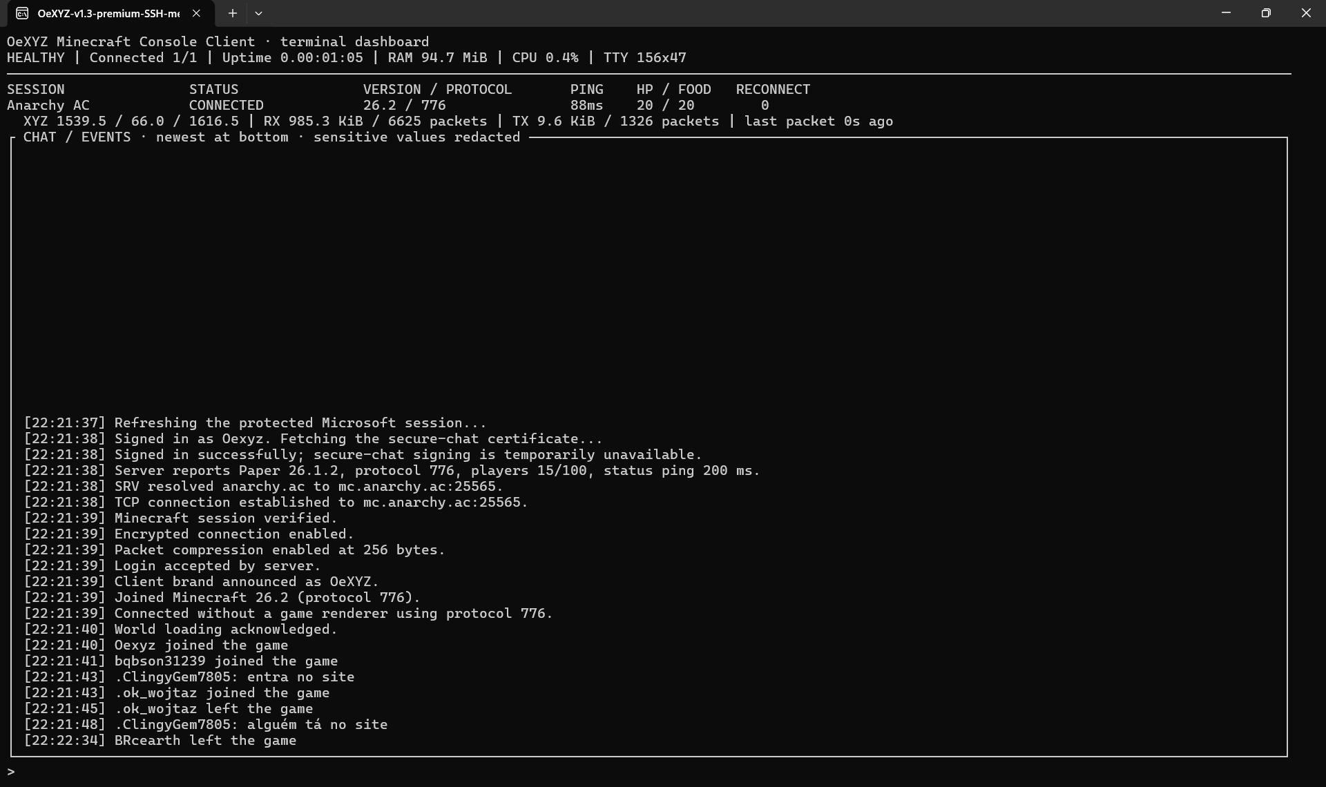 OeXYZ Minecraft Console Client v1.3 mit Microsoft-authentifizierter Premium-Sitzung auf Linux über SSH