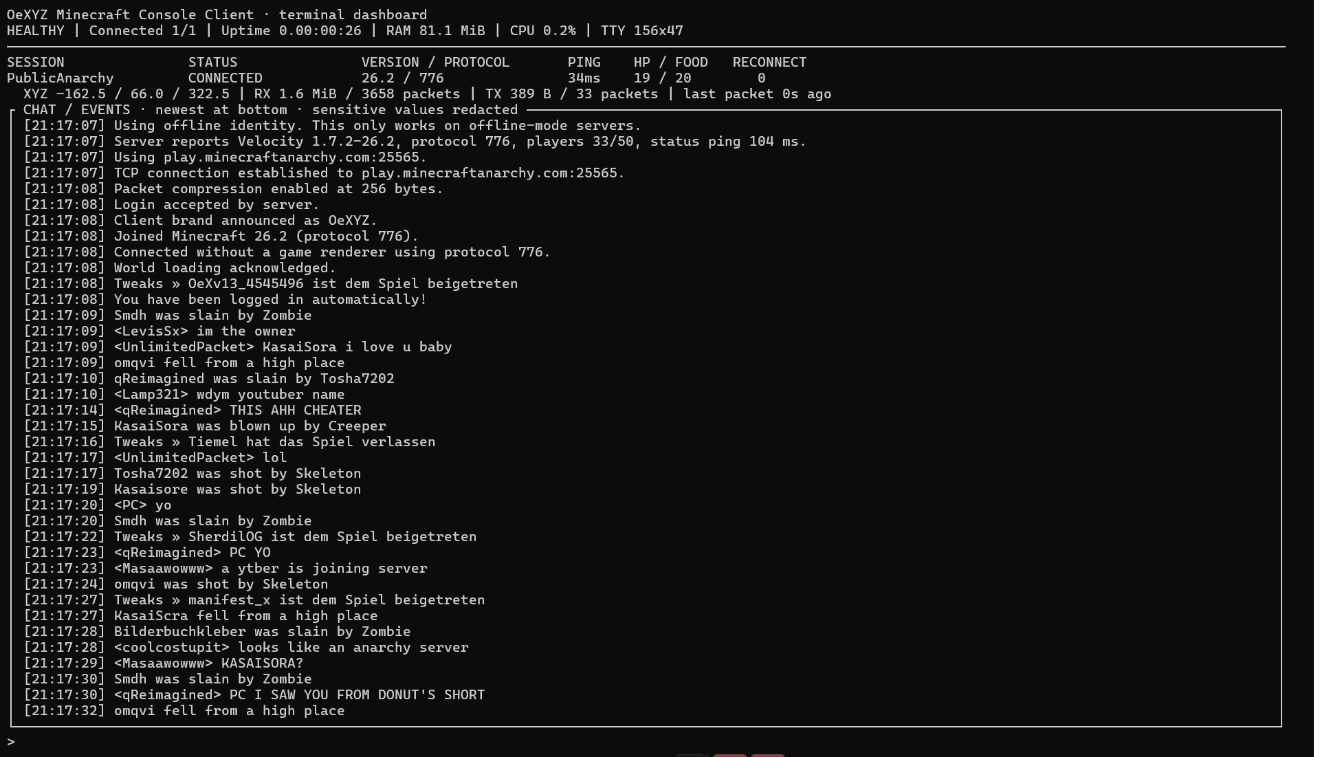 Linux-Terminal-Dashboard des OeXYZ Minecraft Console Client v1.3