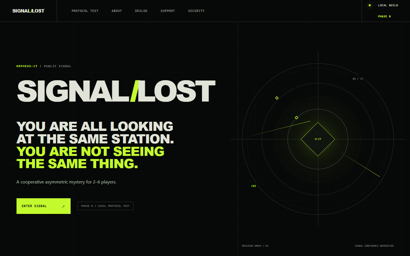 Startansicht des SIGNAL//LOST-Prototyps mit Stationssignal und ORPHEUS-17-Radar