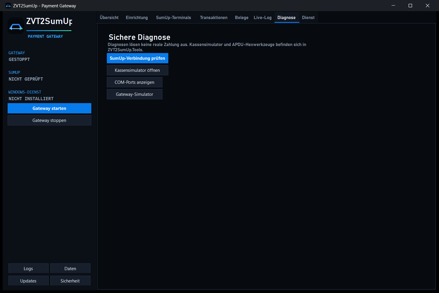 Sichere Diagnoseansicht von ZVT2SumUp mit SumUp-Verbindungstest, Kassensimulator, COM-Port-Erkennung und Gateway-Simulator