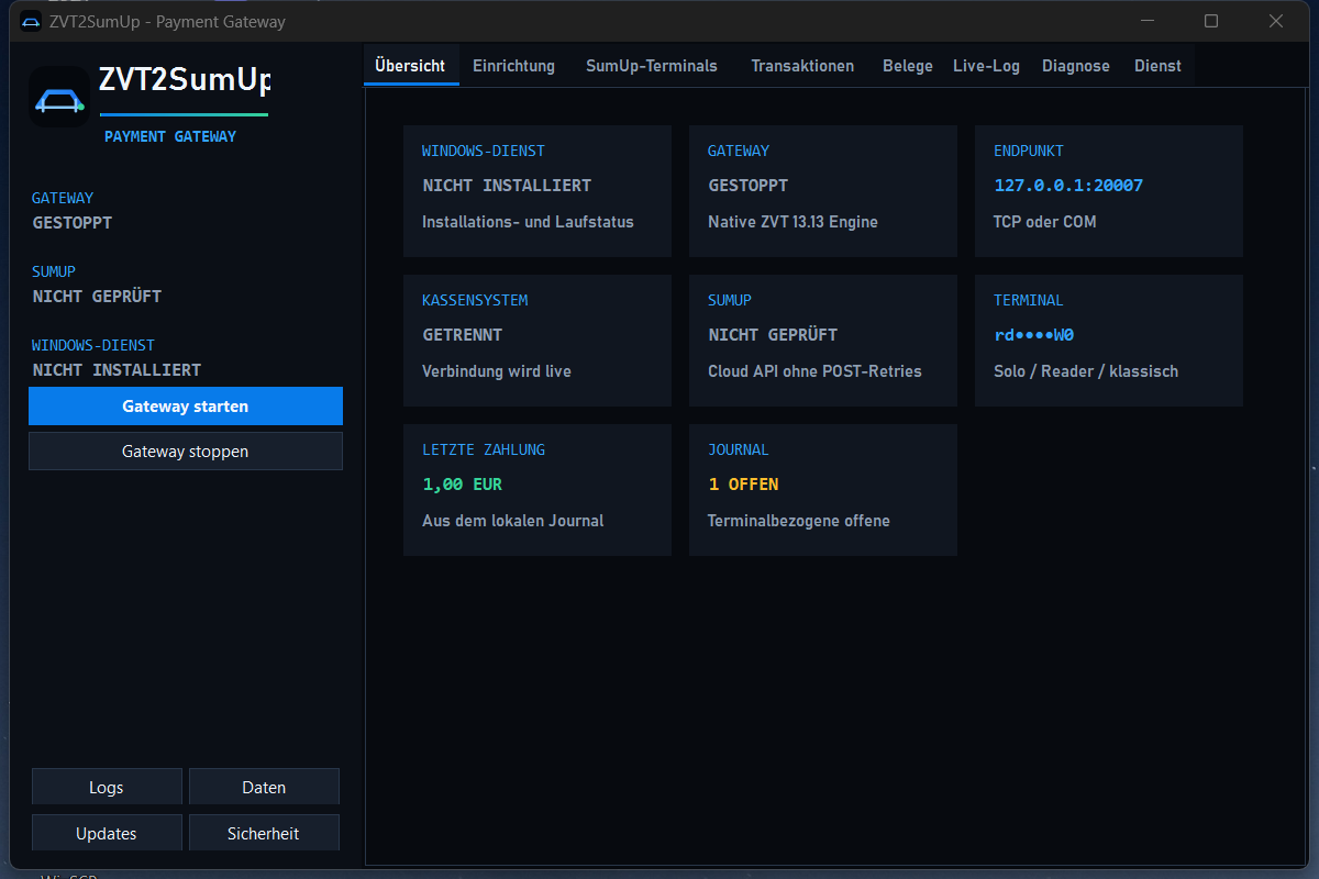 ZVT2SumUp Übersichtsansicht mit Status von Windows-Dienst, Gateway, Kasse, SumUp-Terminal und lokalem Transaktionsjournal