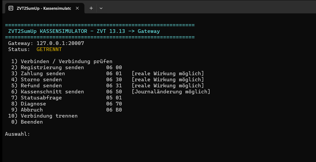 Interaktiver ZVT2SumUp Kassensimulator mit ZVT-13.13-Kommandos und deutlichen Warnungen vor Vorgängen mit realer Wirkung